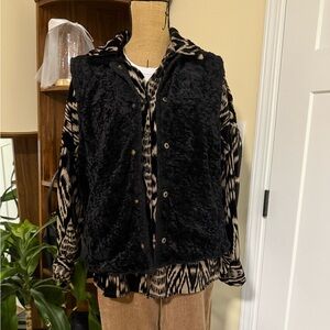 Black Fuzzy Vest with Animal Print Shirt